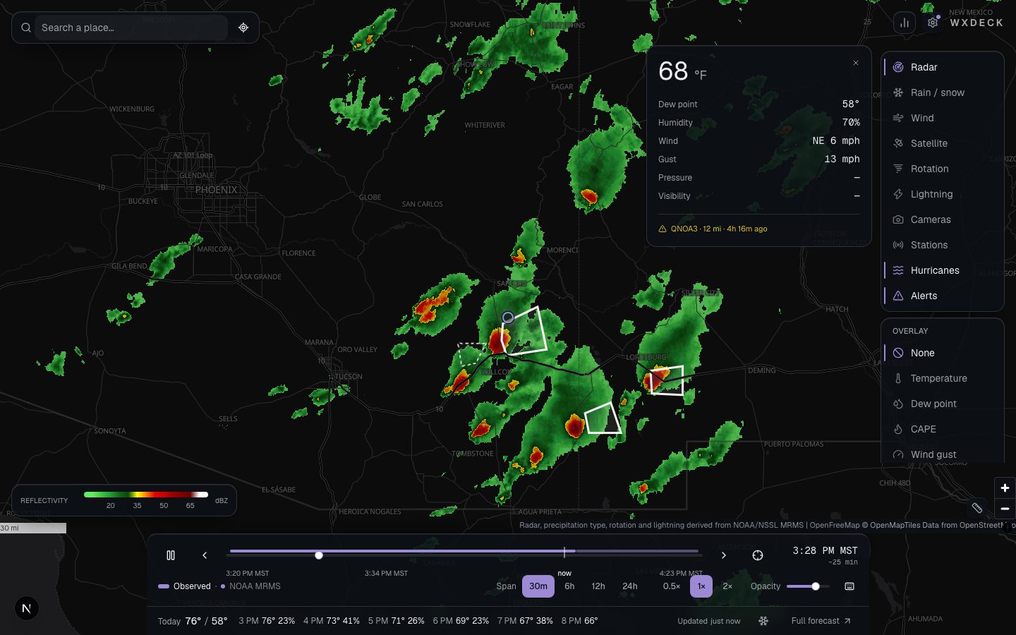 wxdeck radar over southern Arizona with severe thunderstorm warning polygons